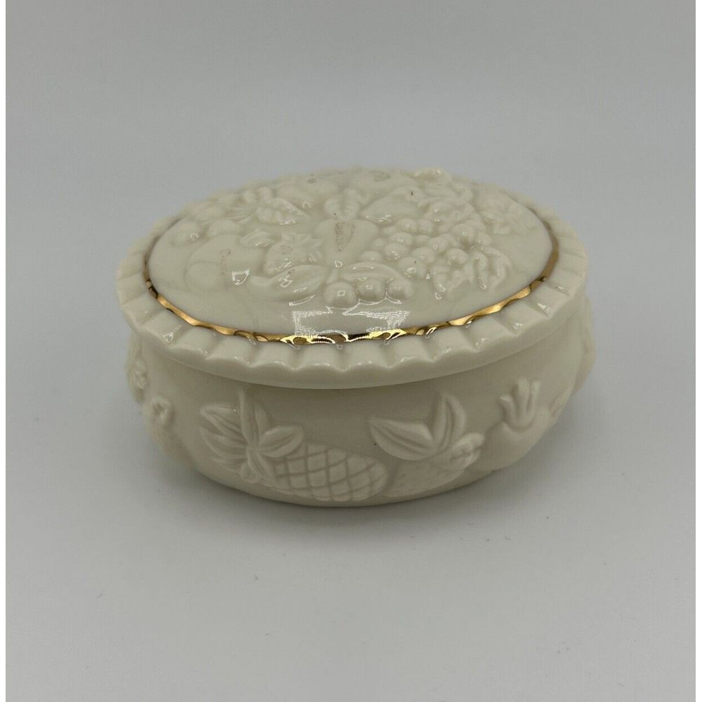 Vintage 1998 LENOX Porcelain Embossed Fruits of Life Oval Trinket Box Gold Trim‎